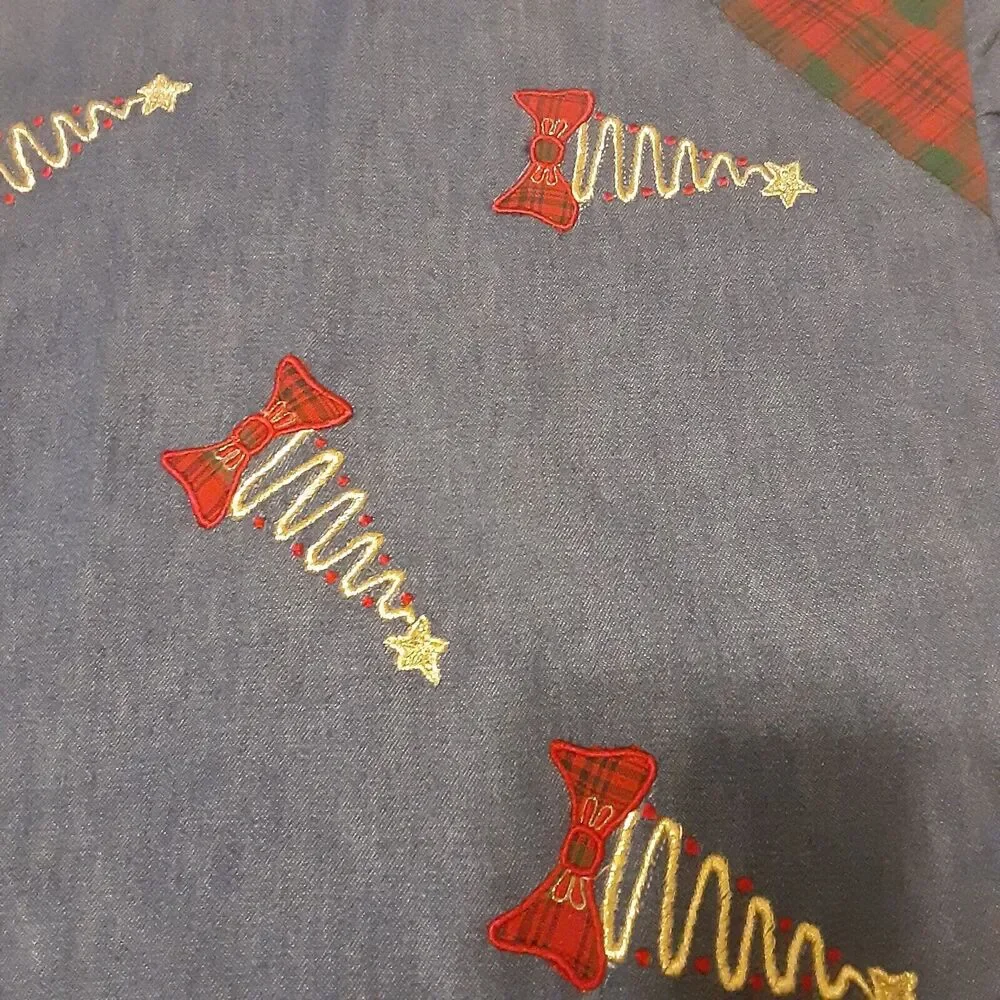 Handmade Embroidered Tartan Ruffled Zip Pillow Case Denim Tone Christmas